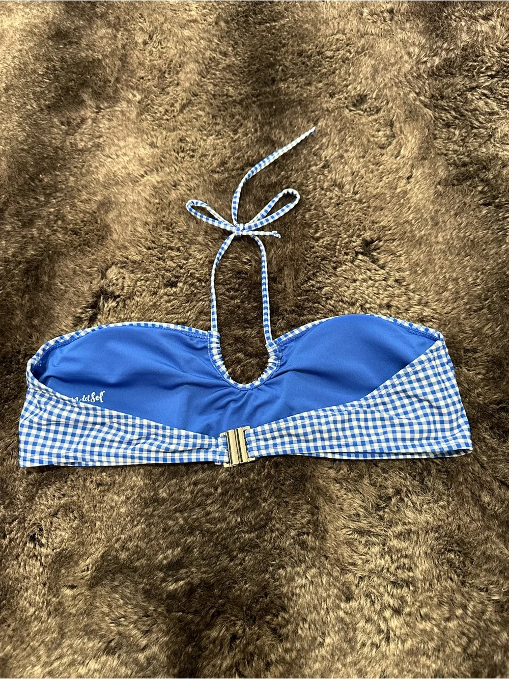 Cabana Del Sol Blue Gingham Halter Bandeau Padded Bikini Top XL Coastal Cowgirl